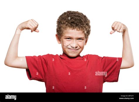 Little Caucasian Strong Boy Portrait Flexing Muscle Biceps Mischief