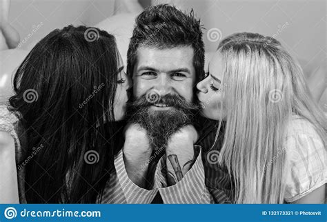 Threesome Lay Near Balloons Happy Guy On Smiling Face Man With Beard