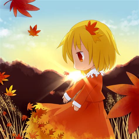 Safebooru Absurdres Aki Shizuha Autumn Autumn Leaves Blonde Hair Brown Dress Chibi Dress