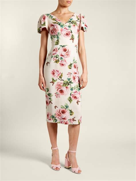 Click Here To Buy Dolce And Gabbana Rose Print V Neck Stretch Cady Dress