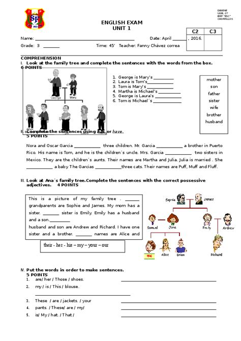 (DOC) ENGLISH EXAM UNIT 1 Look at the family tree and complete the