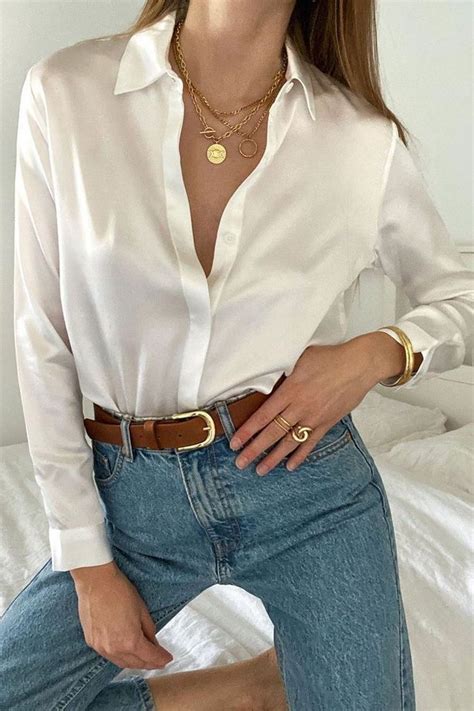 White Satin Blouse Paired With Jeans Casual Outfits Trendy Outfits