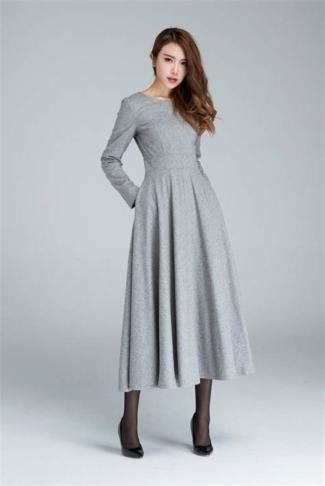 Long Sleeve Wool Dress Gray Dress Wool Dress Woman Dress Fit And