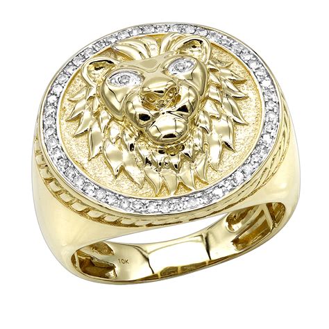 Faceted band ring in 18k yellow gold with diamond baguette, 10mm. Solid 10K Gold Lion Head Diamond Ring for Men 0.3ct ...