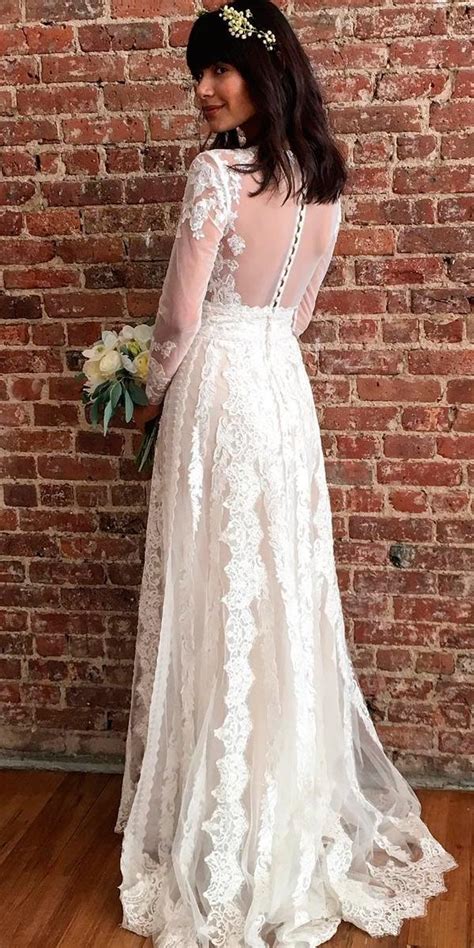 Country Vintage Lace Wedding Dresses Straight Illusion Back Long