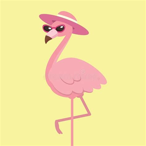Cute Pink Flamingo With Hat Summer Time Concept Vector Illustration