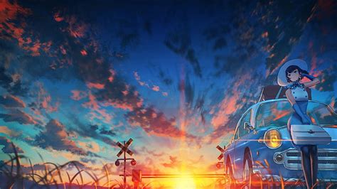 Lanskap Anime Matahari Terbenam Pemandangan Langit Awan Gadis