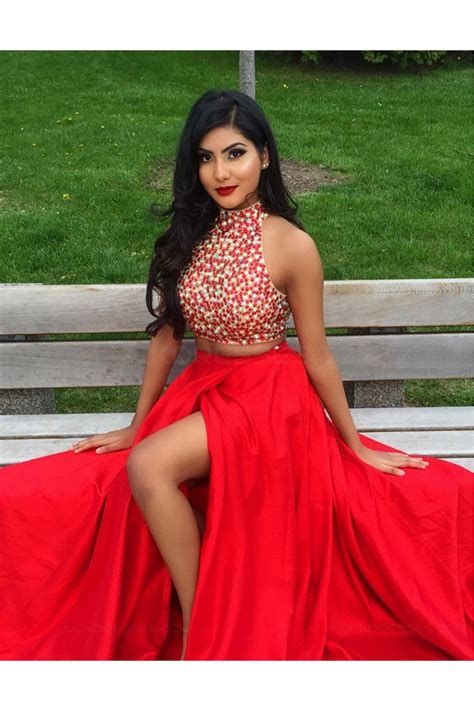 Red Two Pieces Beaded High Neck Long Prom Evening Formal