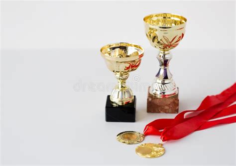 Close Up Of Sports Golden Cups And Medals Stock Photo Image Of Trophy