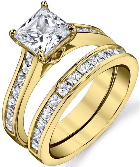 Women S Gold Tone Over Solid Sterling Silver Princess Cut Bridal Set