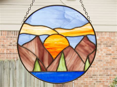 Mountain Scene Stained Glass Panel Window Hanging New House Etsy