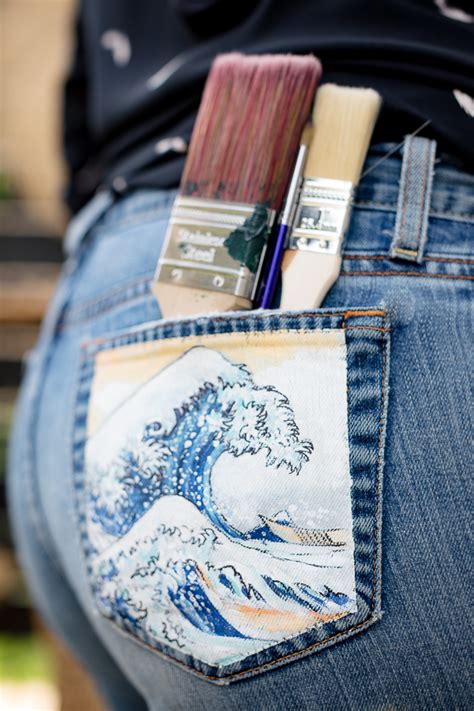 Jean Painted Pocket - The Great Wave off Kanagawa The idea is to cut as little of the actual fabric as possible.
