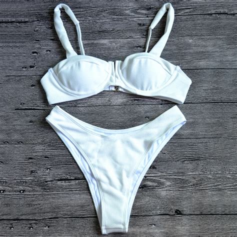 Sexy Underwired Bikini 2019 V Top Swimsuit Women White Swimwear Ribbed
