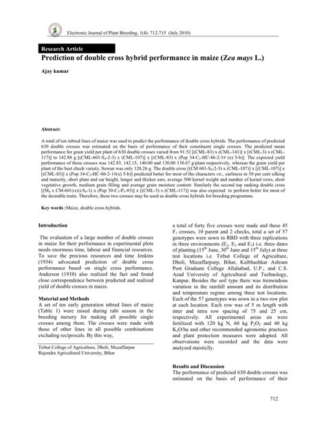 Pdf Research Article Prediction Of Double Cross Hybrid Performance In