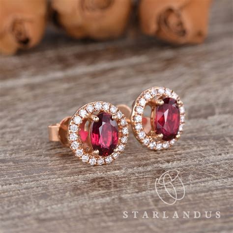 Natural Ruby Stud Earrings Rose Gold Jewelry Halo Earrings Etsy