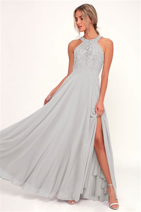 Enhance the metallic sheen by styling with delicate jewelry that glimmers in the light. Elegant Light Grey Maxi Dress - Lace Dress - Halter Maxi Dress