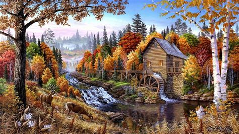 Old Mill In Autumn Autumn Painting Nature Old Mill Hd Wallpaper