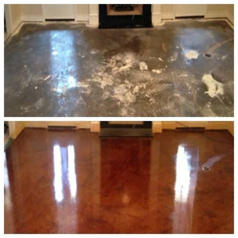 Our contractors poured the paint directly on the floor instead of using a paint tray. Concrete Staining, Scoring & Etching! See more before and after pics at www.facebook… | Stained ...
