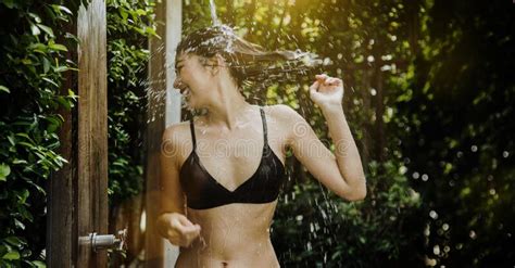 refresh hot day in summer with outdoor shower of asian woman stock image image of relax