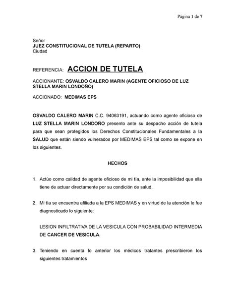 MODELO ACCION DE TUTELA Señor JUEZ CONSTITUCIONAL DE TUTELA REPARTO
