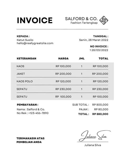 Jenis Contoh Invoice Pembayaran Tagihan Adalah Berikut