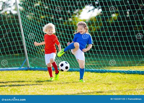 Kids Play Football Child At Soccer Field Stock Image Image Of Little