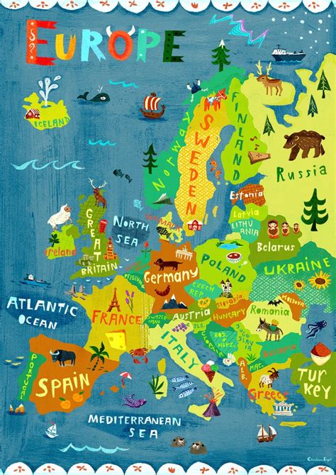 Europe Map Illustration Digital Print Poster Kids Room Etsy