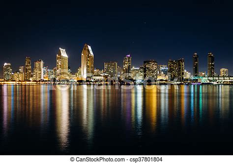 The San Diego Skyline At Night Seen From Centennial Park In Coronado