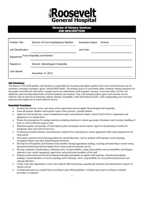 Patient services coordinator job description→. Director Of Dietary Services Job Description printable pdf ...