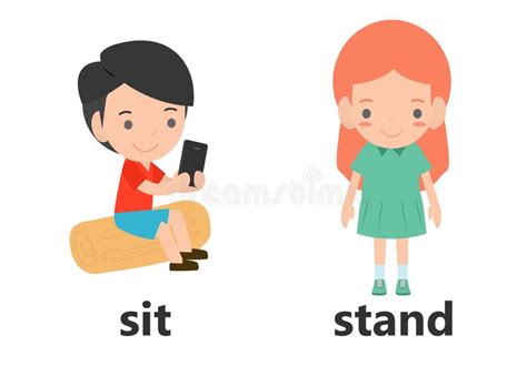 Opposite Words Sit And Stand Vector Stock Vector Illustration Of