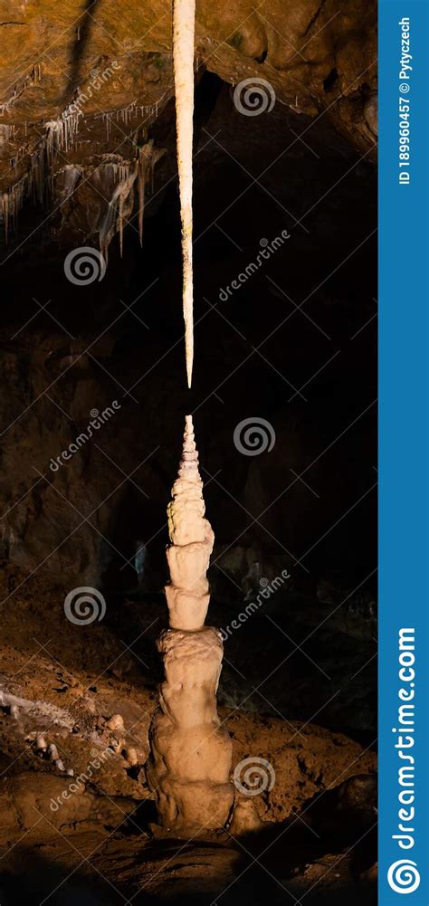 Long Thin Limestone Stalactite And Opposite Stalagmite In Punkva Caves