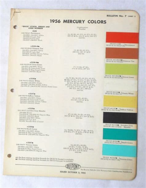 1956 Mercury Dupont Color Paint Chip Chart All Models Original Ebay