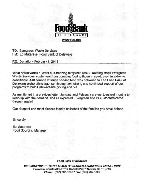 Food Pantry Donation Thank You Letter