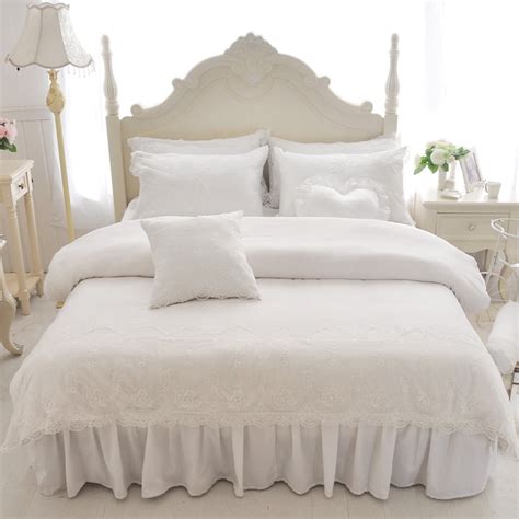 White Lace Princess Bedspread Bedding Set Cotton 46pcs Embroidered