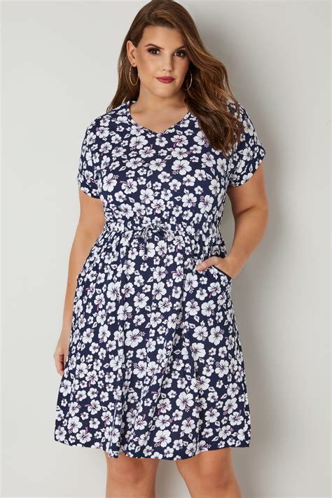 Navy And White Floral Print T Shirt Dress With Pockets And Elasticated