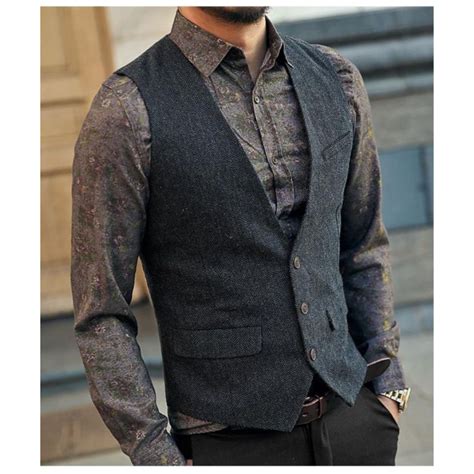 Brown Tweed Vest 2019 Wool Herringbone Groom Vests British Style Mens