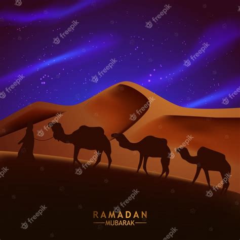 Arabian Desert Night Scene With Silhouette Of Camel And People