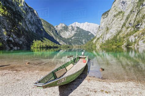 Fishing Boat On Lake Obersee Watzmann Mountain Near Lake Koenigssee
