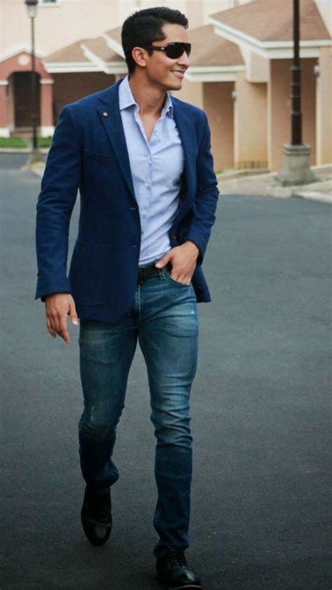 Business Casual Outfit Jeans Shirt Blazer And Sunglasses Men