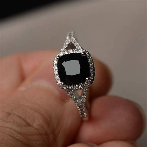 Natural Black Spinel Ring Engagement Ring Cushion Cut Sterling Etsy
