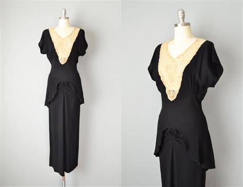 Vintage 30s Dress 1930s Black Crepe And Lace Gown Small
