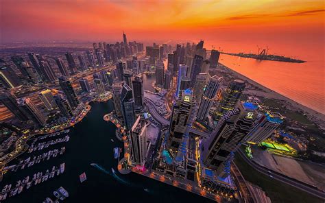Dubai Puesta De Sol Vista Aérea Uae Emiratos árabes Unidos Fondo