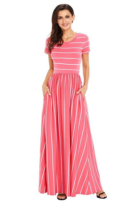 Women White Stripe Print Rosy Pink Short Sleeve Maxi A Line Casual