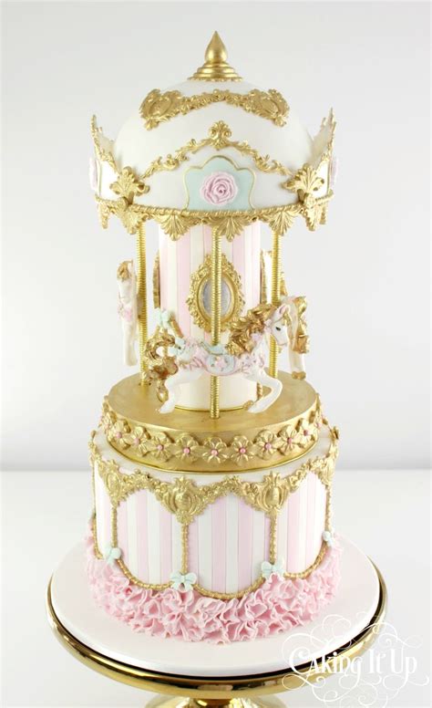 Exquisite Pink And Gold Carousel Birthday Cake With Ruffles And Stripes