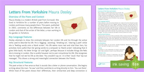 Gcse Letters From Yorkshire By Maura Dooley Revision Sheet