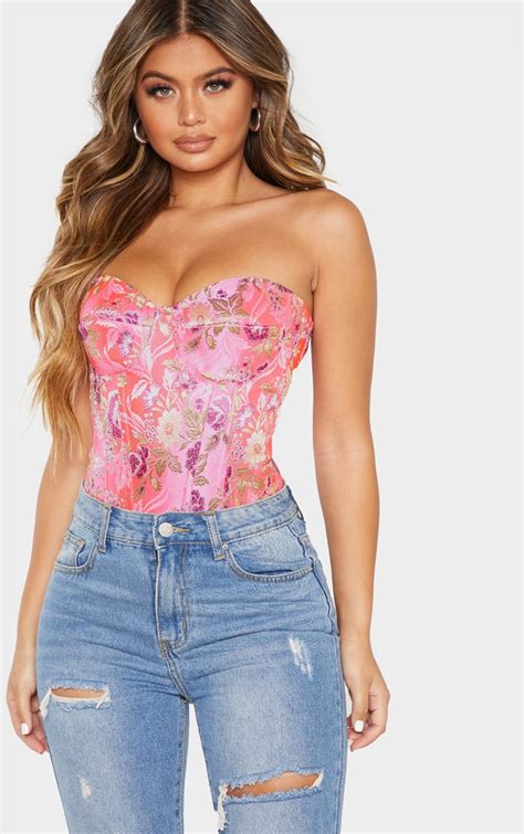 Pink Print Satin Corset Tops Prettylittlething Ca