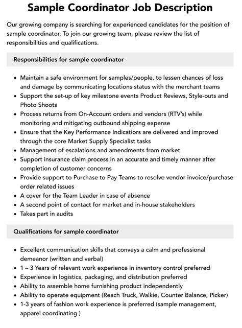 Sample Coordinator Job Description Velvet Jobs