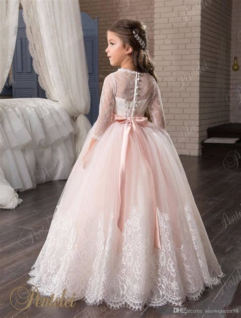 Blush Flower Girls Dresses With 34 Long Sleeves And Beaded Belt 2017