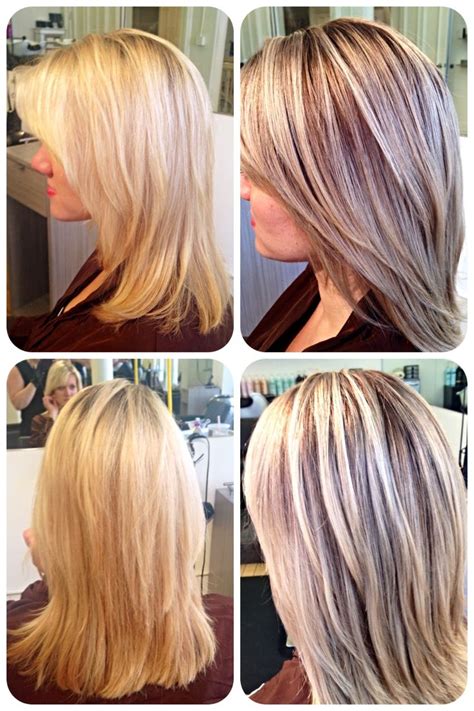 Before And After Bleach Blonde To Painted Highlights And Lowlights Bronde Ashy Haircolor Silver