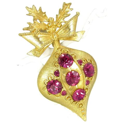 Vintage Christmas Ornament Pin Figural Hot Pink Rhinestone Brooch Christmas Ornaments Pink